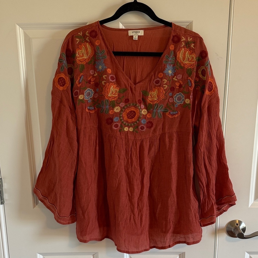 Umgee Terracotta Floral Embroidered Cottagecore Blouse SZ Small